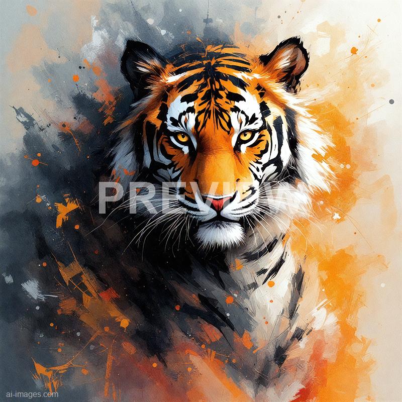 The image features a realistic digital painting of a tiger's face, with piercing yellow eyes and detailed fur markings. The background is an abstract splash of colors, primarily shades of orange, black, and gray, which complement the tiger's natural coloring and give the artwork a dynamic, energetic feel. The tiger's expression is intense and captivating, emphasizing its majestic and powerful presence.